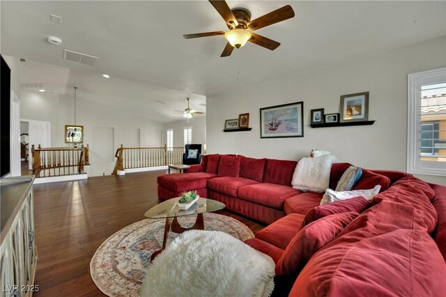 326 Caneflower Ct, North Las Vegas, NV 89031 - living area with a ceiling fan, dark wood finished floors, and healthy amount of natural light