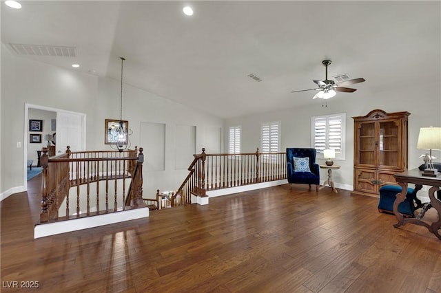 326 Caneflower Ct, North Las Vegas, NV 89031 - sitting room with an upstairs landing, vaulted ceiling, wood finished floors, a ceiling fan, and recessed lighting
