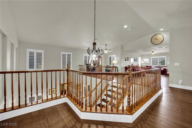 326 Caneflower Ct, North Las Vegas, NV 89031 - hall featuring an upstairs landing, a chandelier, wood finished floors, lofted ceiling, and recessed lighting
