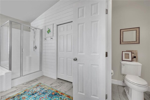 326 Caneflower Ct, North Las Vegas, NV 89031 - full bathroom with marble finish flooring, a stall shower, lofted ceiling, and wood walls
