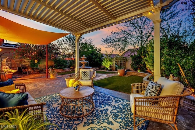 326 Caneflower Ct, North Las Vegas, NV 89031 - patio terrace at dusk with a patio area, an outdoor living space, and a pergola
