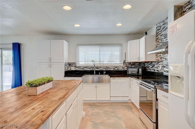 3917 Leon Ave, Las Vegas, NV 89130 - kitchen with white appliances, wood counters, backsplash, white cabinets, and recessed lighting