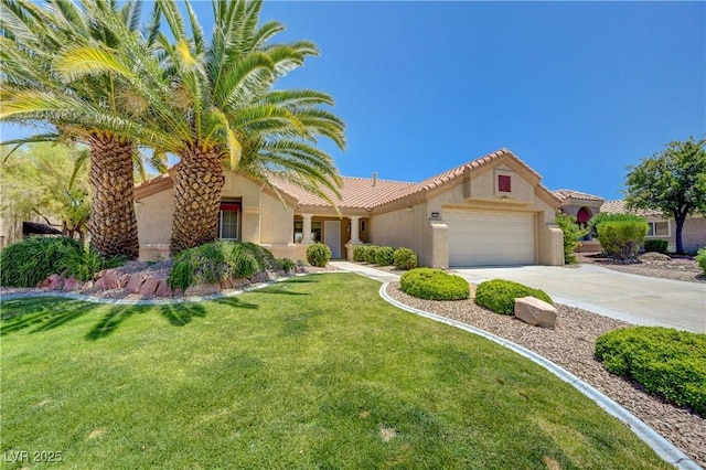 2808 Crown Ridge Dr, Las Vegas, NV 89134 - ranch-style home with stucco siding, an attached garage, a tile roof, concrete driveway, and a front lawn
