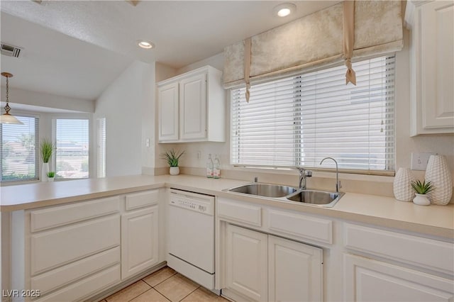 2808 Crown Ridge Dr, Las Vegas, NV 89134 - kitchen featuring dishwasher, a peninsula, light countertops, white cabinetry, and recessed lighting