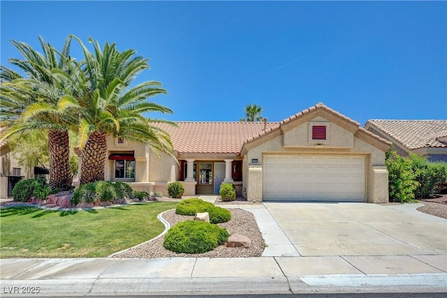 2808 Crown Ridge Dr, Las Vegas, NV 89134 - view of front of home with stucco siding, a garage, a tile roof, and concrete driveway