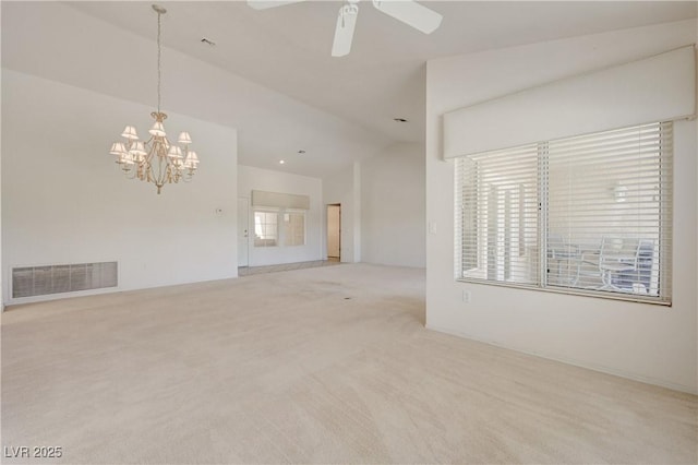 2808 Crown Ridge Dr, Las Vegas, NV 89134 - unfurnished room featuring carpet, lofted ceiling, a chandelier, and ceiling fan
