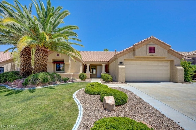 2808 Crown Ridge Dr, Las Vegas, NV 89134 - view of front facade featuring stucco siding, an attached garage, a tile roof, and concrete driveway