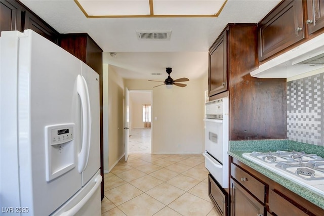 6822 Garden Grove Ave, Las Vegas, NV 89103 - kitchen with white appliances, a warming drawer, a ceiling fan, light countertops, and light tile patterned floors