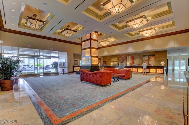 135 E Harmon Ave Unit 2721, Las Vegas, NV 89109 - community lobby featuring a towering ceiling, coffered ceiling, crown molding, and beam ceiling