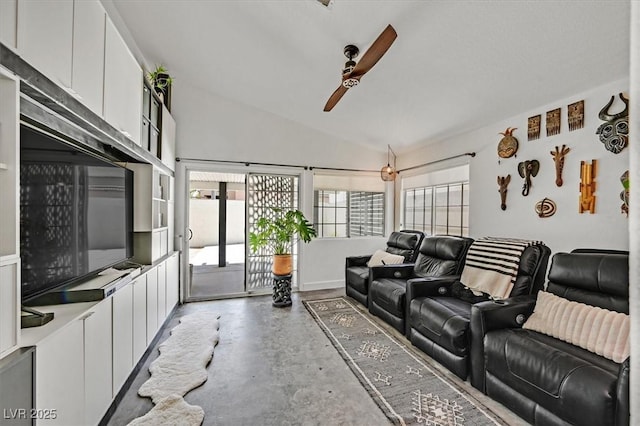 9151 Indian Breeze Dr, Las Vegas, NV 89129 - living room featuring ceiling fan, concrete flooring, and vaulted ceiling