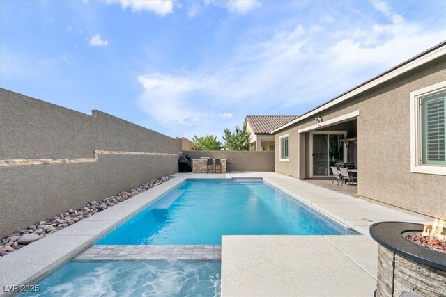 6421 Winecup St, Las Vegas, NV 89149 - view of pool with an outdoor fire pit, a patio, and a fenced backyard