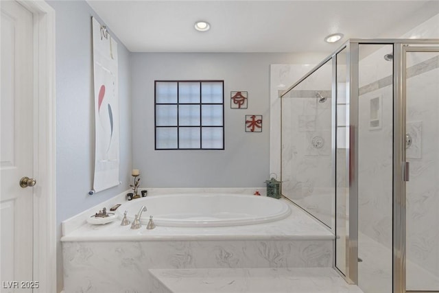 9015 S Tenaya Way, Las Vegas, NV 89113 - bathroom with a garden tub, a marble finish shower, and recessed lighting