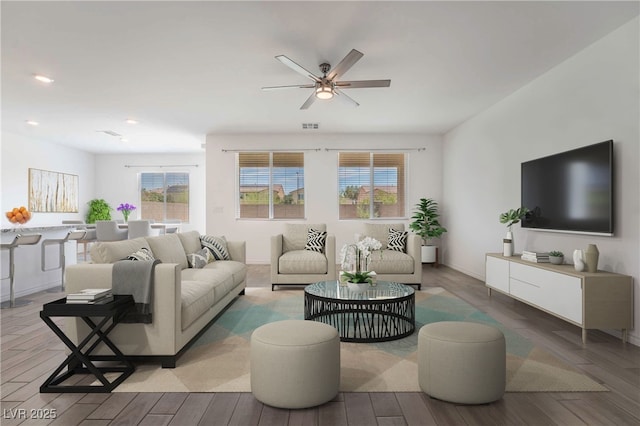 7124 Sayonara Vista St, North Las Vegas, NV 89084 - living area with wood finished floors, healthy amount of natural light, a ceiling fan, and recessed lighting