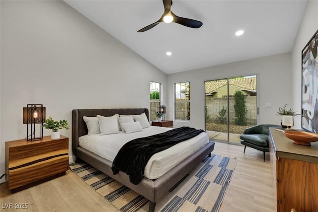 7701 Sea Cliff Way, Las Vegas, NV 89128 - bedroom with access to exterior, light wood-type flooring, lofted ceiling, recessed lighting, and ceiling fan