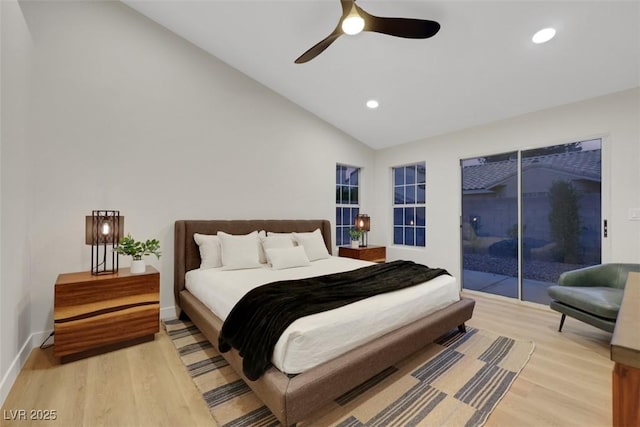 7701 Sea Cliff Way, Las Vegas, NV 89128 - bedroom featuring access to outside, light wood-style floors, recessed lighting, high vaulted ceiling, and ceiling fan