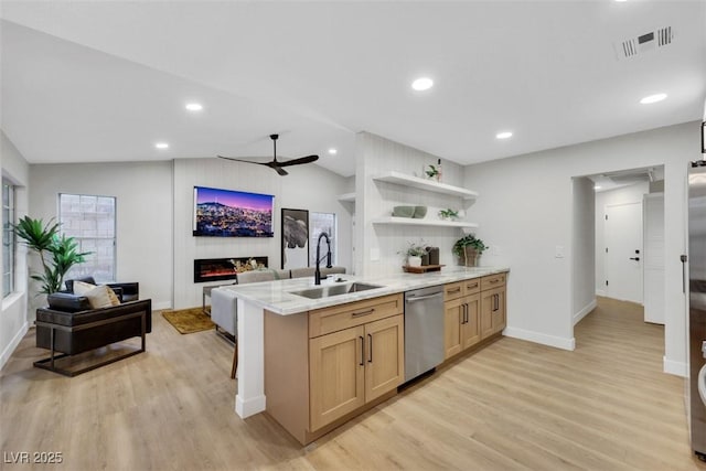 7701 Sea Cliff Way, Las Vegas, NV 89128 - kitchen with dishwasher, light wood-style floors, ceiling fan, open shelves, and lofted ceiling