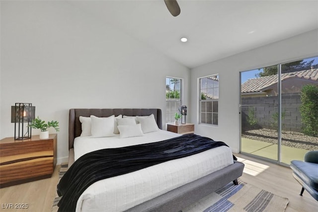 7701 Sea Cliff Way, Las Vegas, NV 89128 - bedroom featuring access to outside, wood finished floors, multiple windows, vaulted ceiling, and recessed lighting