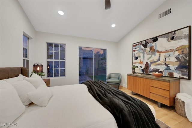 7701 Sea Cliff Way, Las Vegas, NV 89128 - bedroom featuring access to exterior, light wood finished floors, recessed lighting, vaulted ceiling, and ceiling fan