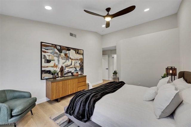 7701 Sea Cliff Way, Las Vegas, NV 89128 - bedroom with light wood-type flooring, recessed lighting, and ceiling fan