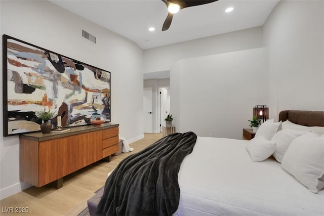 7701 Sea Cliff Way, Las Vegas, NV 89128 - bedroom featuring light wood-style floors, recessed lighting, and a ceiling fan