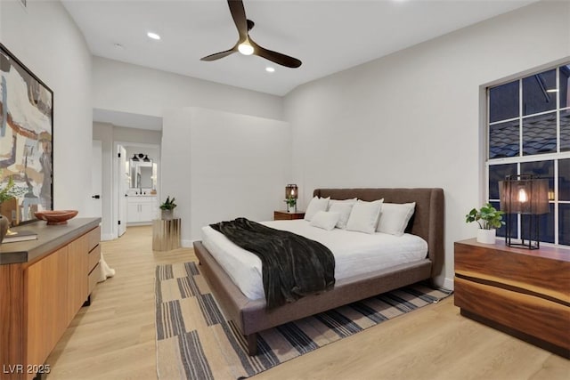 7701 Sea Cliff Way, Las Vegas, NV 89128 - bedroom with light wood finished floors, recessed lighting, and a ceiling fan