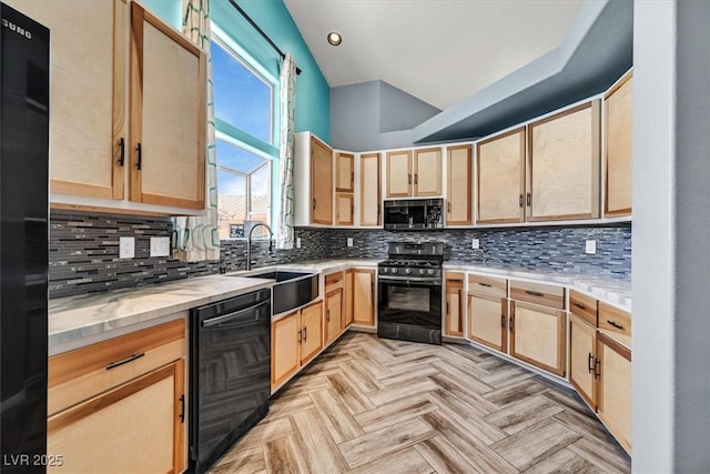 100 Crossfoot Terrace Ct, Henderson, NV 89002 - kitchen with black appliances, light brown cabinets, and tasteful backsplash