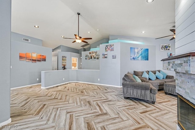100 Crossfoot Terrace Ct, Henderson, NV 89002 - living room featuring a ceiling fan, vaulted ceiling, and recessed lighting