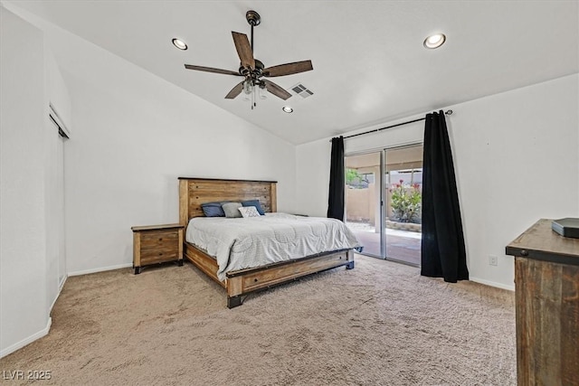 100 Crossfoot Terrace Ct, Henderson, NV 89002 - bedroom with access to outside, carpet flooring, lofted ceiling, recessed lighting, and a ceiling fan
