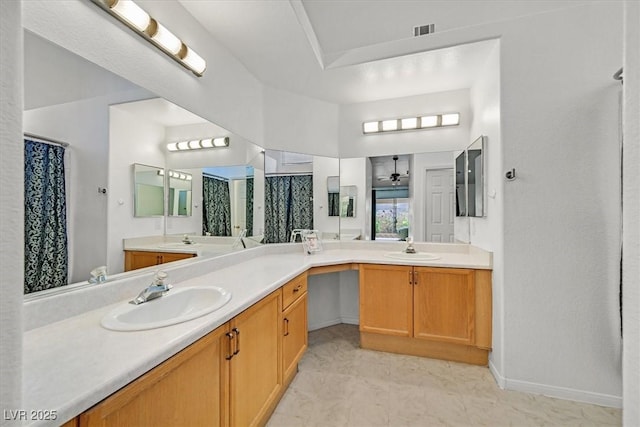 100 Crossfoot Terrace Ct, Henderson, NV 89002 - full bathroom with double vanity, a shower with shower curtain, and a ceiling fan