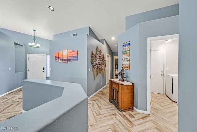 100 Crossfoot Terrace Ct, Henderson, NV 89002 - hall featuring washer / dryer, a chandelier, and recessed lighting