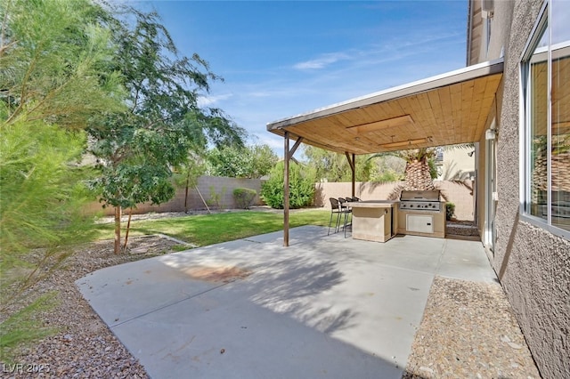 9044 Blue Raven Ave Unit R, Las Vegas, NV 89143 - fenced backyard featuring a patio area and an outdoor kitchen