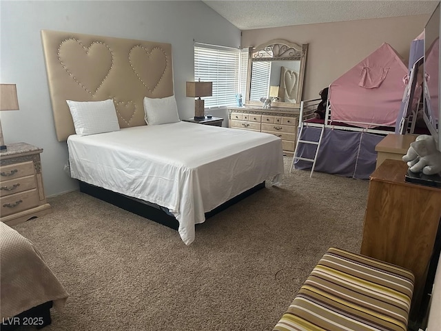 6208 Mandarin Dr, Las Vegas, NV 89108 - bedroom with carpet flooring, a textured ceiling, and lofted ceiling