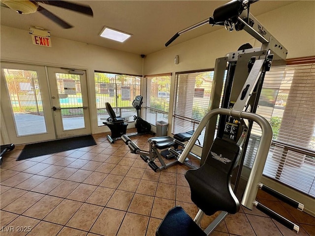5751 E Hacienda Ave Unit 226, Las Vegas, NV 89122 - exercise room with light tile patterned floors, french doors, and ceiling fan