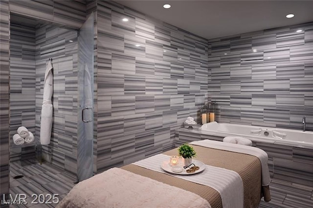2000 N Fashion Show Dr Unit 3000, Las Vegas, NV 89109 - bedroom with tile walls and recessed lighting