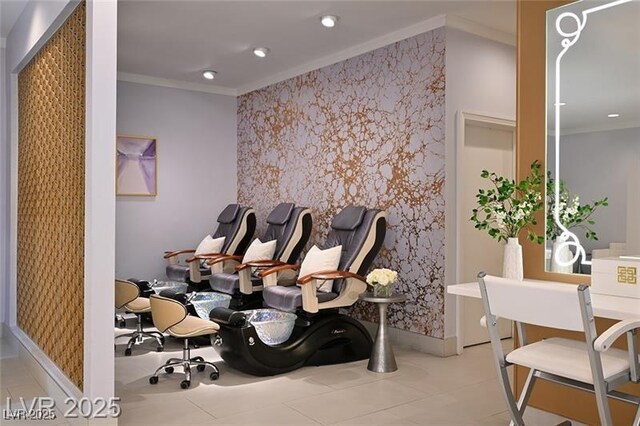 2000 N Fashion Show Dr Unit 3000, Las Vegas, NV 89109 - playroom with ornamental molding, recessed lighting, tile patterned floors, and wallpapered walls