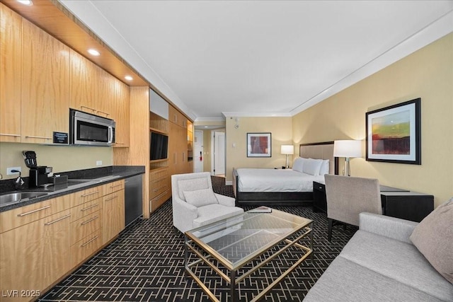 2000 N Fashion Show Dr Unit 5417, Las Vegas, NV 89109 - bedroom with crown molding, brick patterned flooring, and recessed lighting