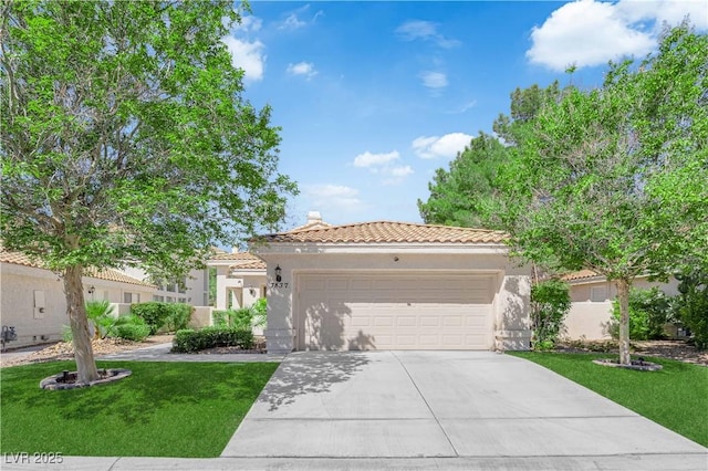 7837 Sea Rock Rd, Las Vegas, NV 89128 - mediterranean / spanish house with a tiled roof, driveway, a garage, and stucco siding