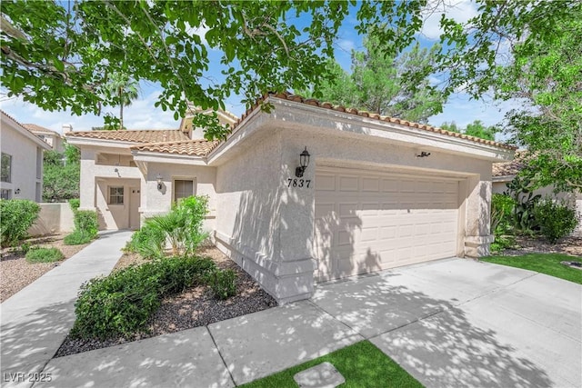 7837 Sea Rock Rd, Las Vegas, NV 89128 - mediterranean / spanish-style house featuring a tiled roof, stucco siding, driveway, and an attached garage