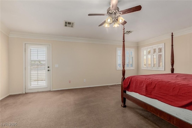 1054 Broomfield Dr, Henderson, NV 89074 - carpeted bedroom featuring crown molding, a ceiling fan, and access to outside