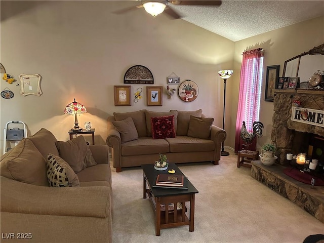 1866 Camino Verde Ln, Las Vegas, NV 89119 - living room with a ceiling fan, vaulted ceiling, light carpet, and a textured ceiling