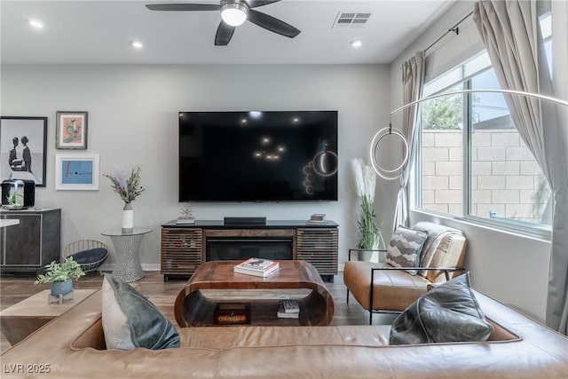 2530 Catallo St, Henderson, NV 89044 - living area with ceiling fan, wood finished floors, and recessed lighting