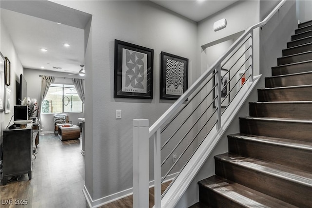 2530 Catallo St, Henderson, NV 89044 - staircase with wood finished floors, recessed lighting, and ceiling fan