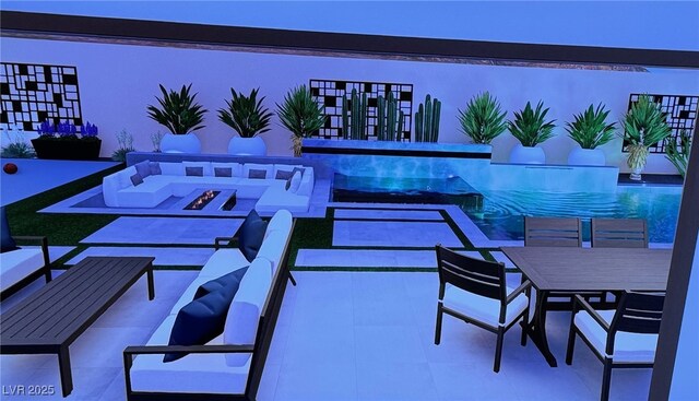 8575 Nicholas James Ave, Las Vegas, NV 89143 - swimming pool with a patio, an outdoor living space with a fire pit, and outdoor dining area
