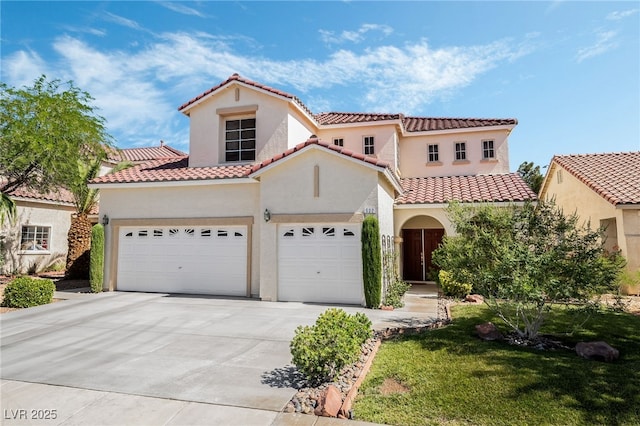 532 Kavanagh Pl, Las Vegas, NV 89123 - mediterranean / spanish house featuring a garage, concrete driveway, stucco siding, and a tile roof