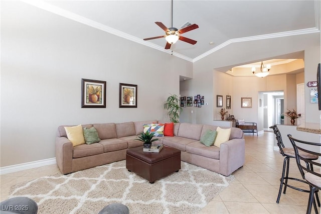 7816 Glowing Peak St, Las Vegas, NV 89131 - tiled living area with crown molding, a ceiling fan, a chandelier, and high vaulted ceiling