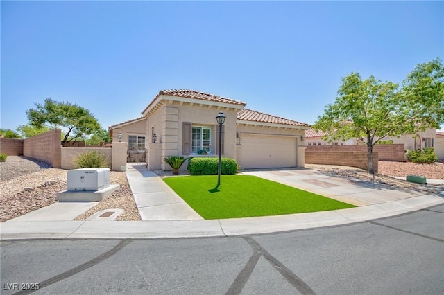 7816 Glowing Peak St, Las Vegas, NV 89131 - mediterranean / spanish house featuring a tiled roof, stucco siding, an attached garage, concrete driveway, and a gate