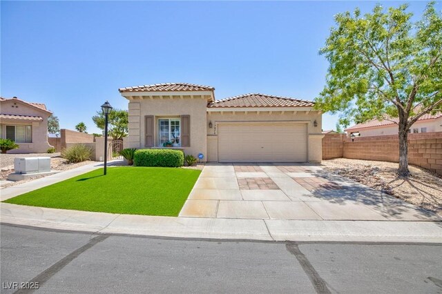 7816 Glowing Peak St, Las Vegas, NV 89131 - mediterranean / spanish home featuring stucco siding, a garage, driveway, a tiled roof, and a gate