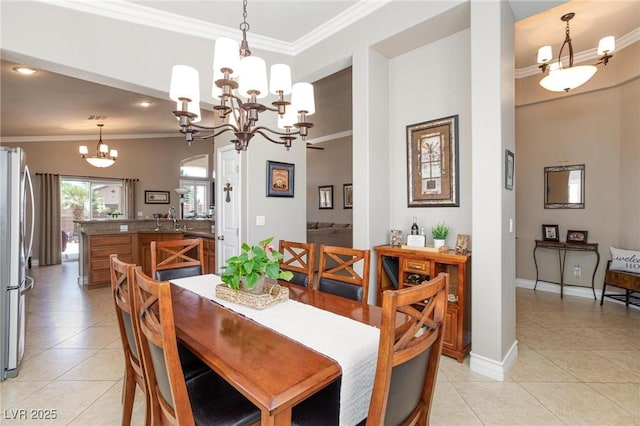7816 Glowing Peak St, Las Vegas, NV 89131 - dining space with ornamental molding, a chandelier, light tile patterned floors, and recessed lighting