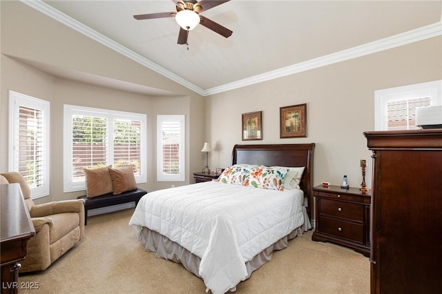 7816 Glowing Peak St, Las Vegas, NV 89131 - bedroom featuring light colored carpet, ornamental molding, lofted ceiling, and a ceiling fan