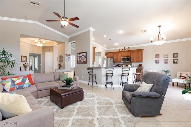 7816 Glowing Peak St, Las Vegas, NV 89131 - living room with light tile patterned floors, lofted ceiling, ornamental molding, ceiling fan, and a chandelier